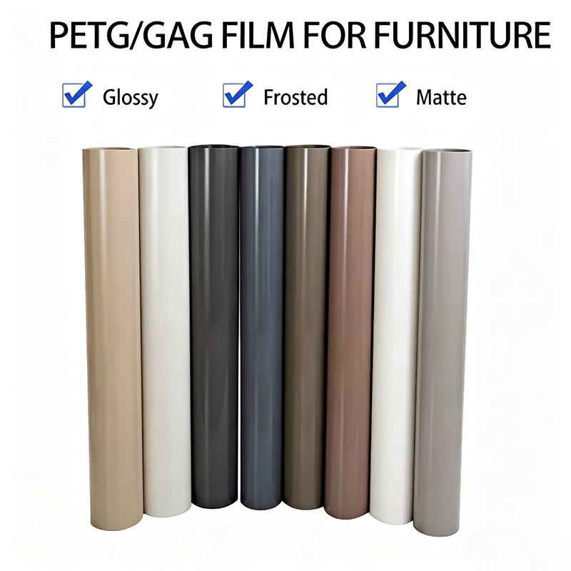 PETG GAG furniture film rolls showing glossy frosted matte finishes for furniture investment