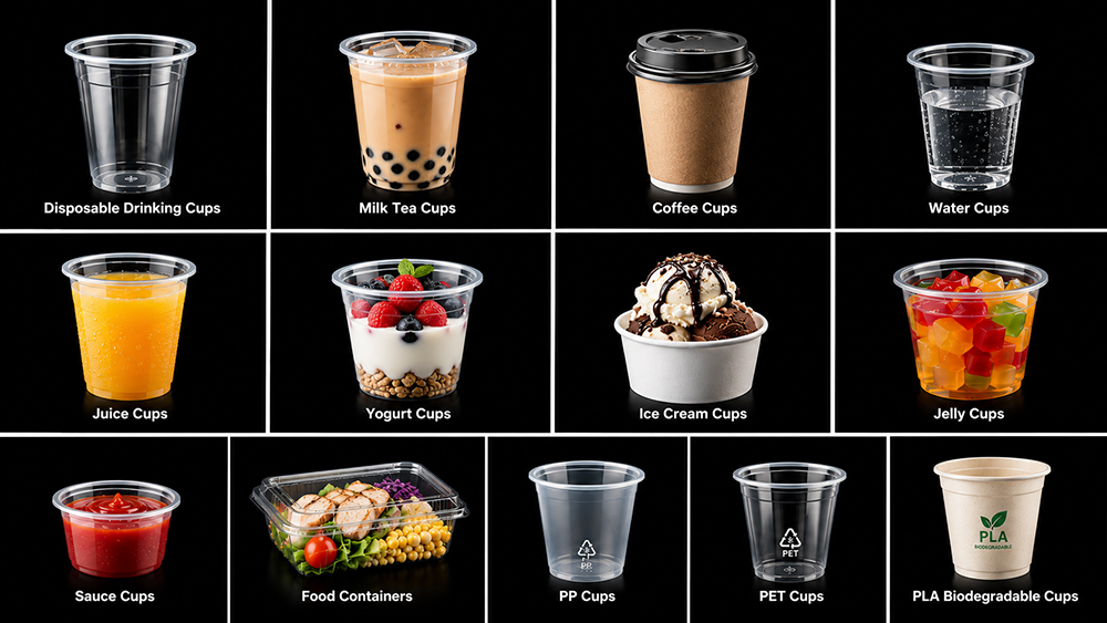 Plastic cups and food containers produced by full servo cup making machine
