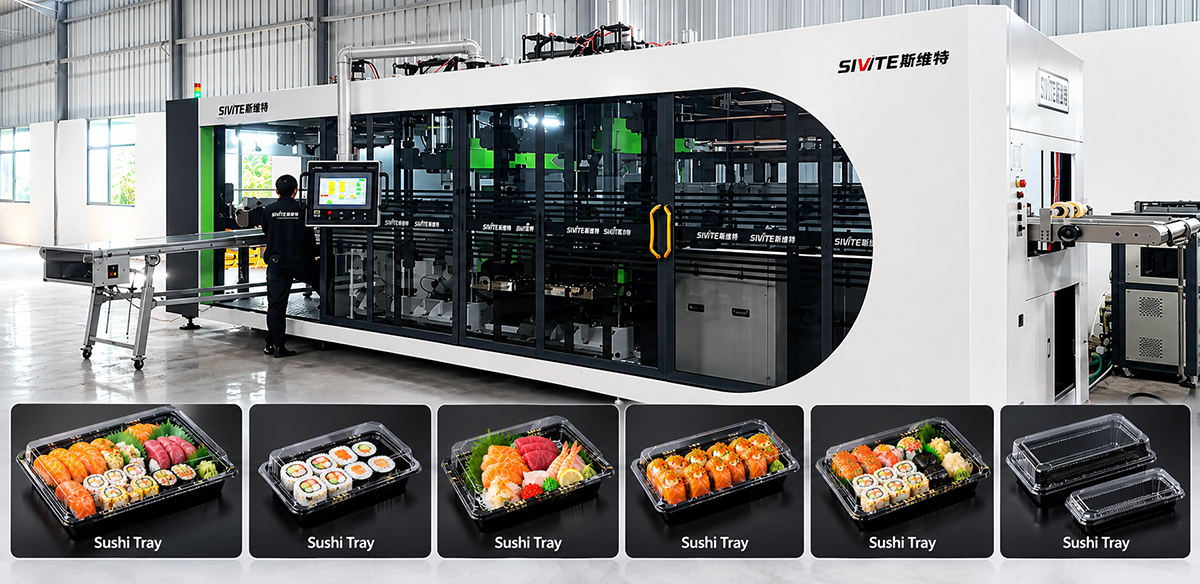 Máy sản xuất khay đựng sushi bằng nhựa PET trong suốt