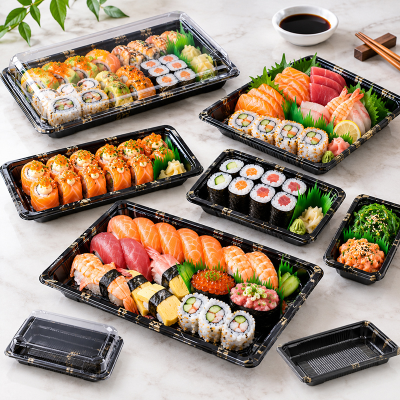 Các loại sushi được đóng gói trong khay sushi bằng nhựa PET trong suốt, được sản xuất bởi máy làm khay sushi