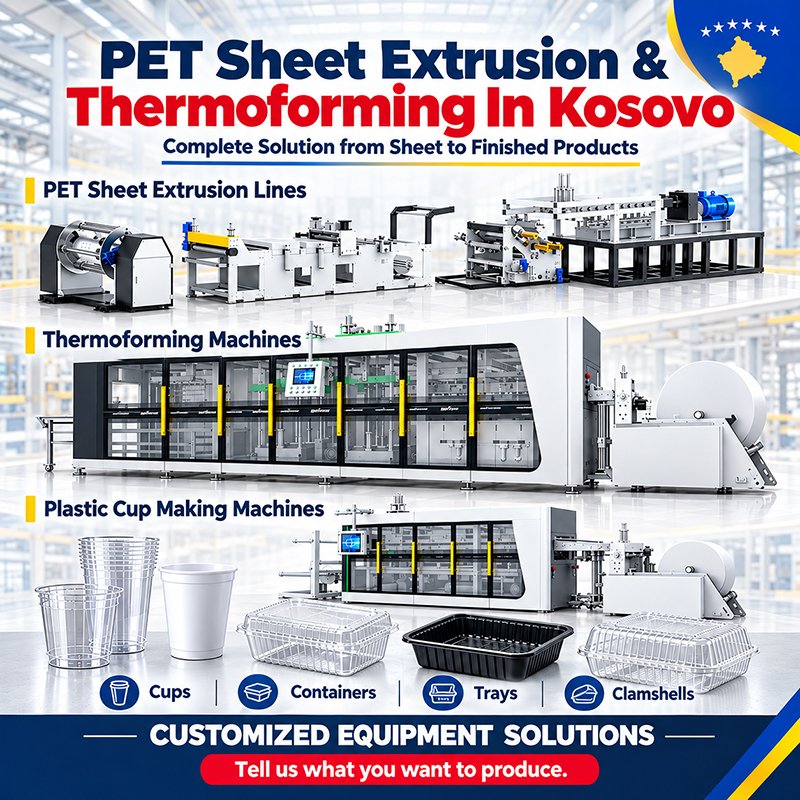 Extrusão e termoformação de folhas de PET no Kosovo — solução completa, desde flocos de rPET até copos, recipientes, tabuleiros e embalagens tipo clamshell